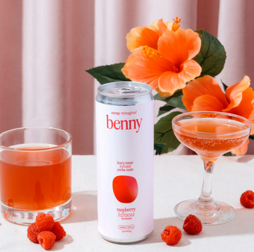 Energy reimagined Benny can with hibiscus flowers and cocktail glasses