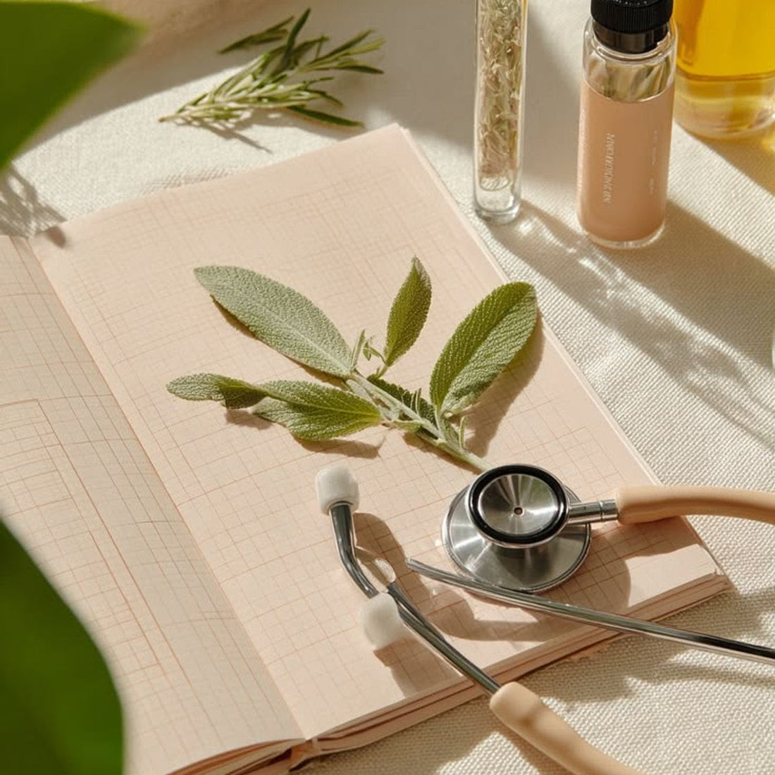 Stethoscope on an open notebook with green leaves and a bottle of oil.